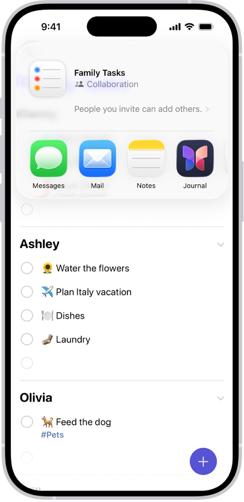 The Reminders app, showing a grocery list with options for sharing at the bottom.