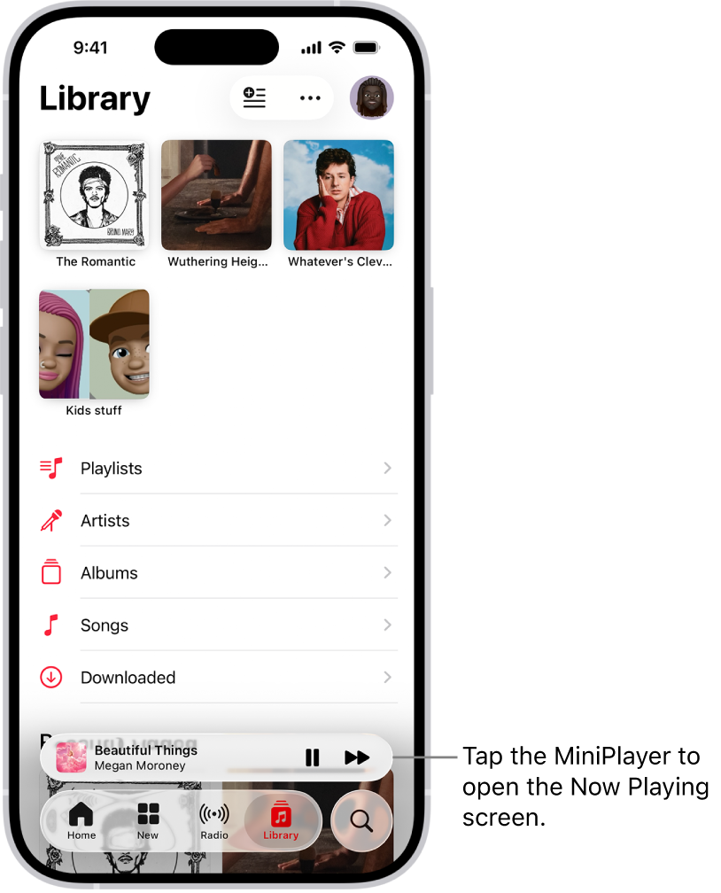 The Library tab, showing the MiniPlayer near the bottom. The MiniPlayer shows the title of the song that’s playing. The Pause and Next Track buttons are to the right of the song title. Tap the MiniPlayer to open the Now Playing screen.