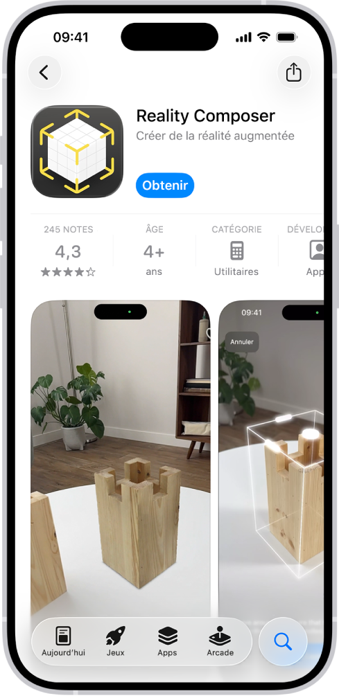 Page d’informations d’une app dans l’App Store. La page montre le bouton Obtenir, les avis, les classifications d’âge, le développeur, des captures d’écran et plus encore. En bas, de gauche à droite, se trouvent les boutons suivants : Aujourd’hui, Jeux, Apps, Arcade et Recherche.