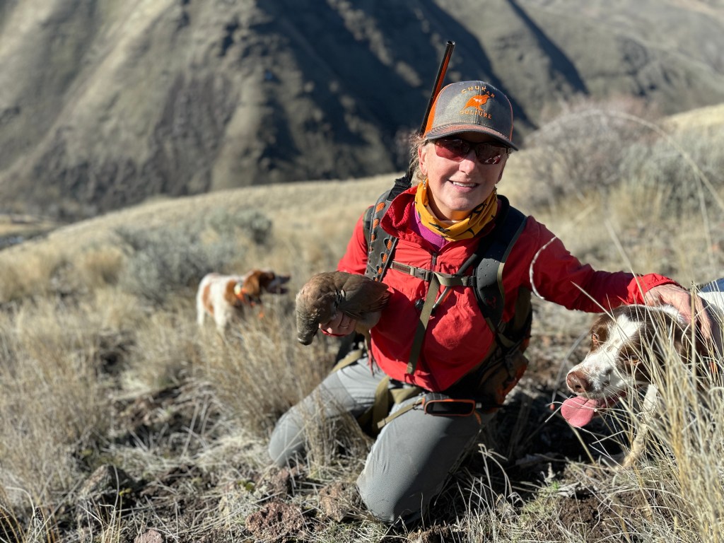 A woman kneels in a grassy area, smiling while holding a chukar bird in her right hand. Two dogs are positioned nearby, one is a brown and white dog and the other is a tan and white dog. The background features a mountainous landscape.