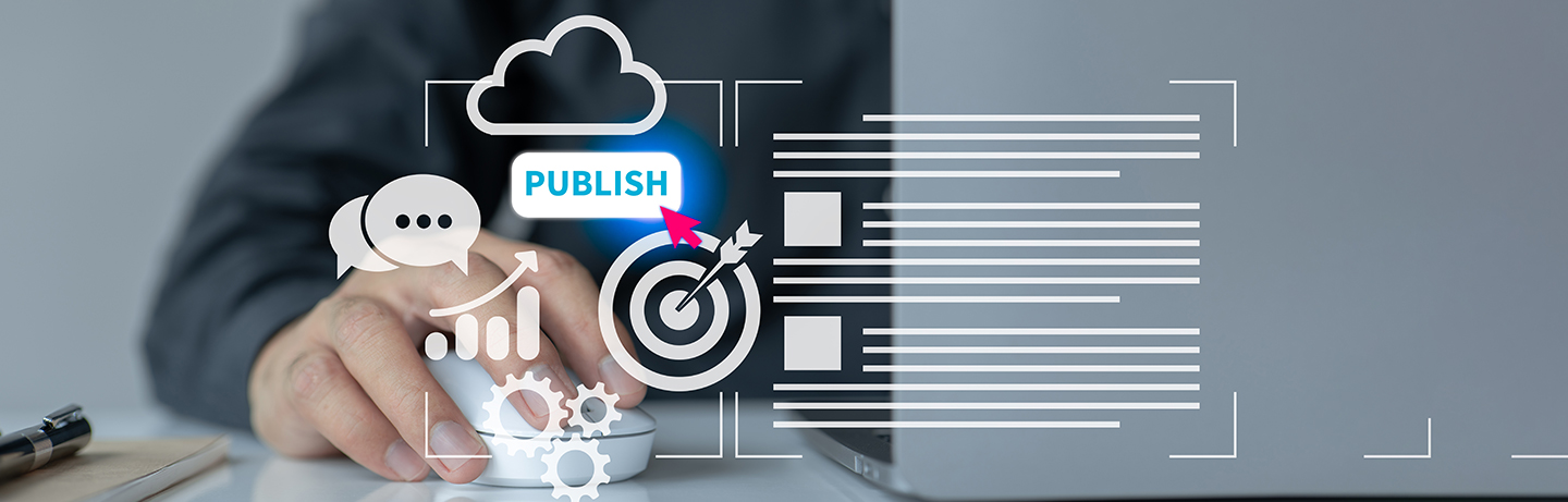 A researcher clicking a digital "PUBLISH" button surrounded by icons for data, analytics, and journal submission