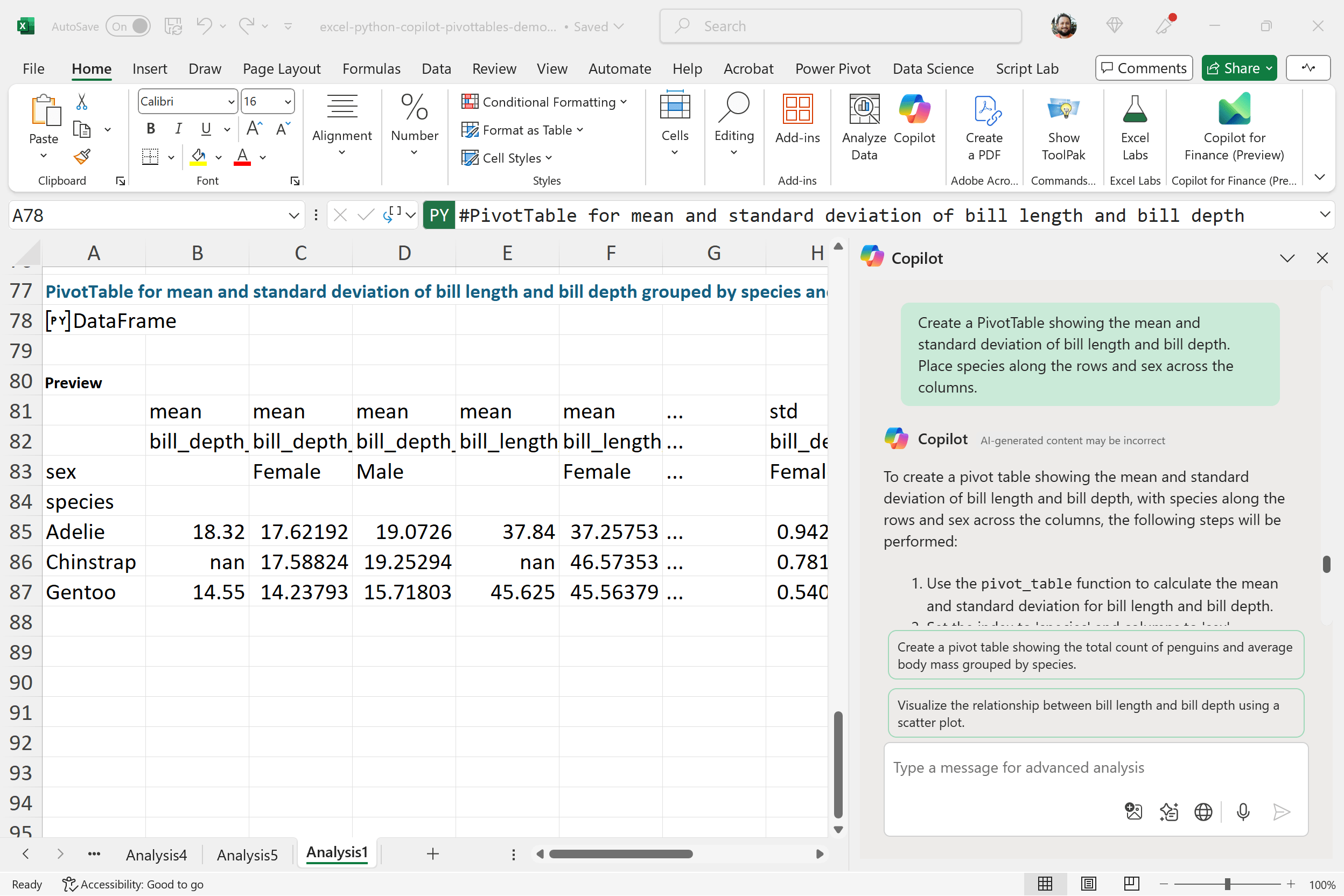 Mean standard deviation PivotTable 
