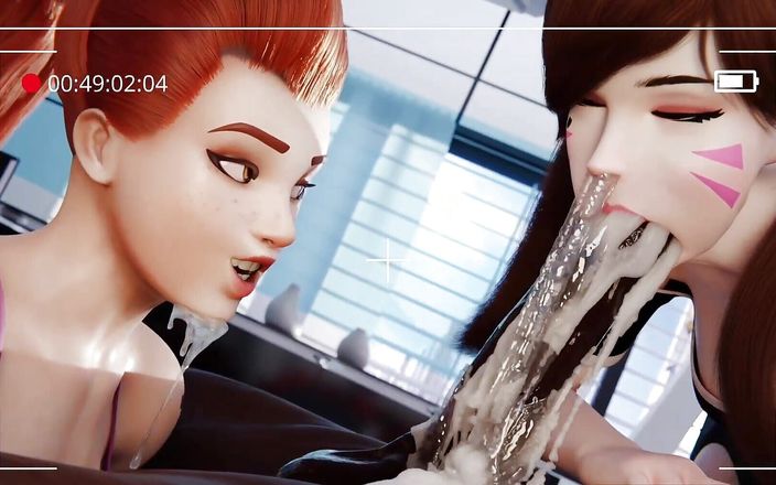 MsFreakAnim: Overwatch Dva глубоко заглатывает черный член, огромный камшот, Brigitte сосет большие яйца