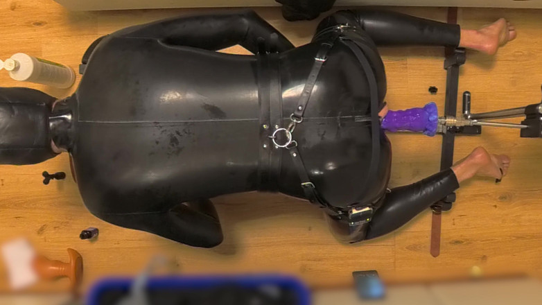 Chastitybeltboy: Latex Chastity Cage Sissy on Sex Machine Pillory, Dildo and...