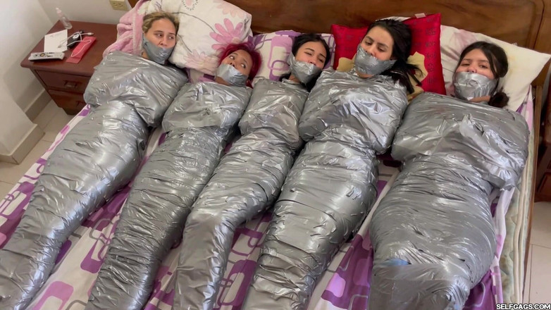 Selfgags Latina Bondage: 5 Mummified Girls Struggle All Wrapped up and Gagged!