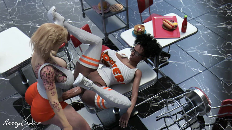 Sassy Comics Trans: Nowa hooters girl anal fucked na stole w restauracji przez...
