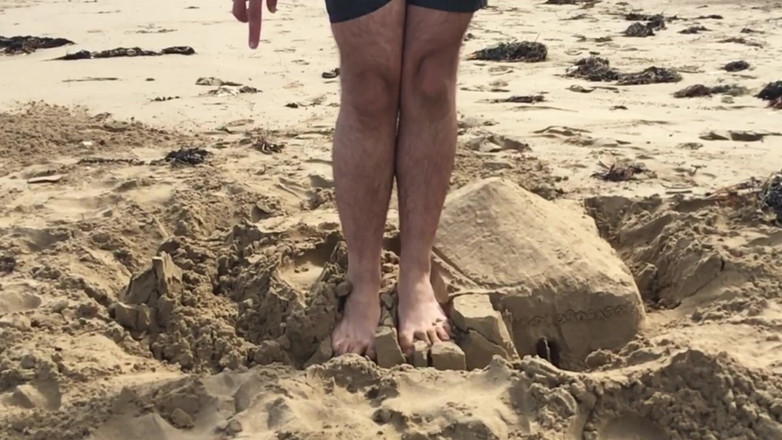 Manlyfoot: Manlyfoot - Slow Motion Smashing and Stomping on Sand Castle on...
