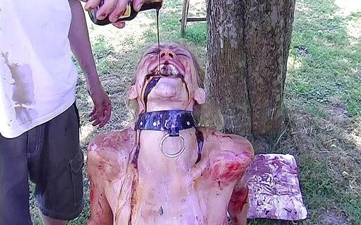 Horny Two really wet MILFs: Blonde slut gets all covered with food outdoors