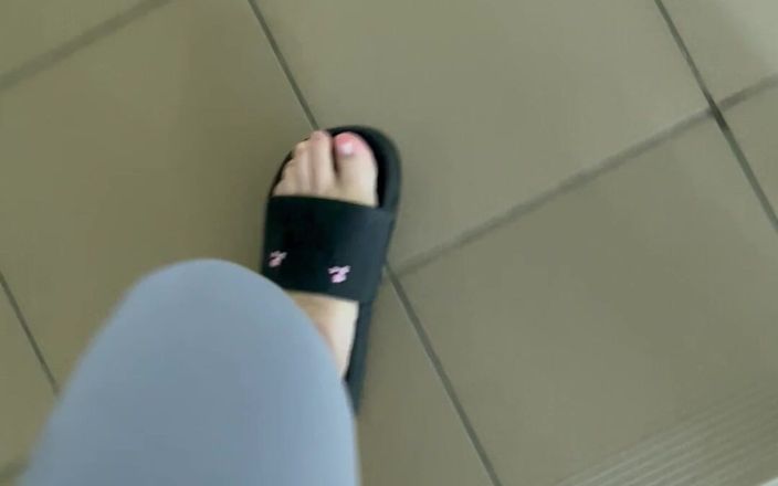 Feet: POV: the Sound of Flip-flops When Walking in Gray Leggings
