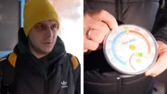 On the left, a man wearing a black Adidas jacket and a yellow hat. On the right, a person holds up a thermometer.