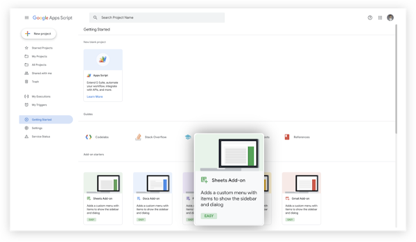 Máy tính xách tay cho thấy nền tảng Apps Script, trong đó tiện ích bổ sung Google Sheets được chọn.