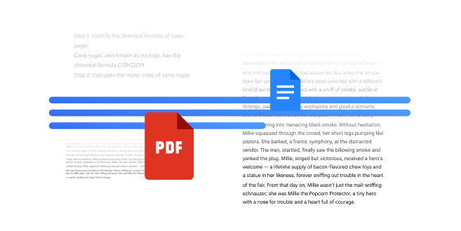 Visual showing text being extracted from a PDF into a Google Doc.