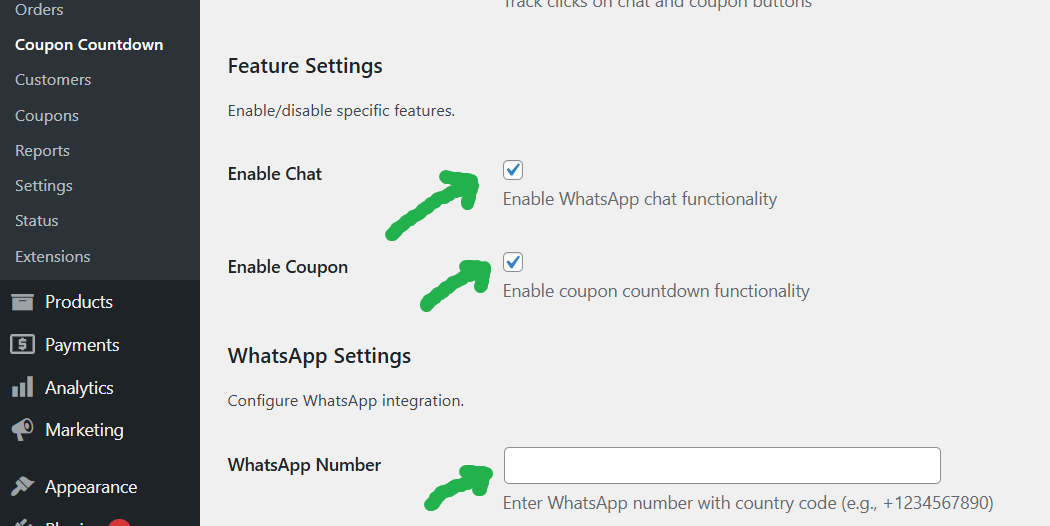 Example of coupon settings form