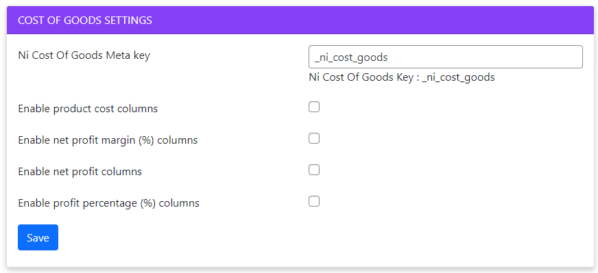 Cost of goods setting