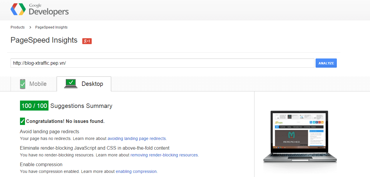 Result Google PageSpeed Insights Desktop Score 100/100 after optimize with "WP Optimize Speed By xTraffic" plugin