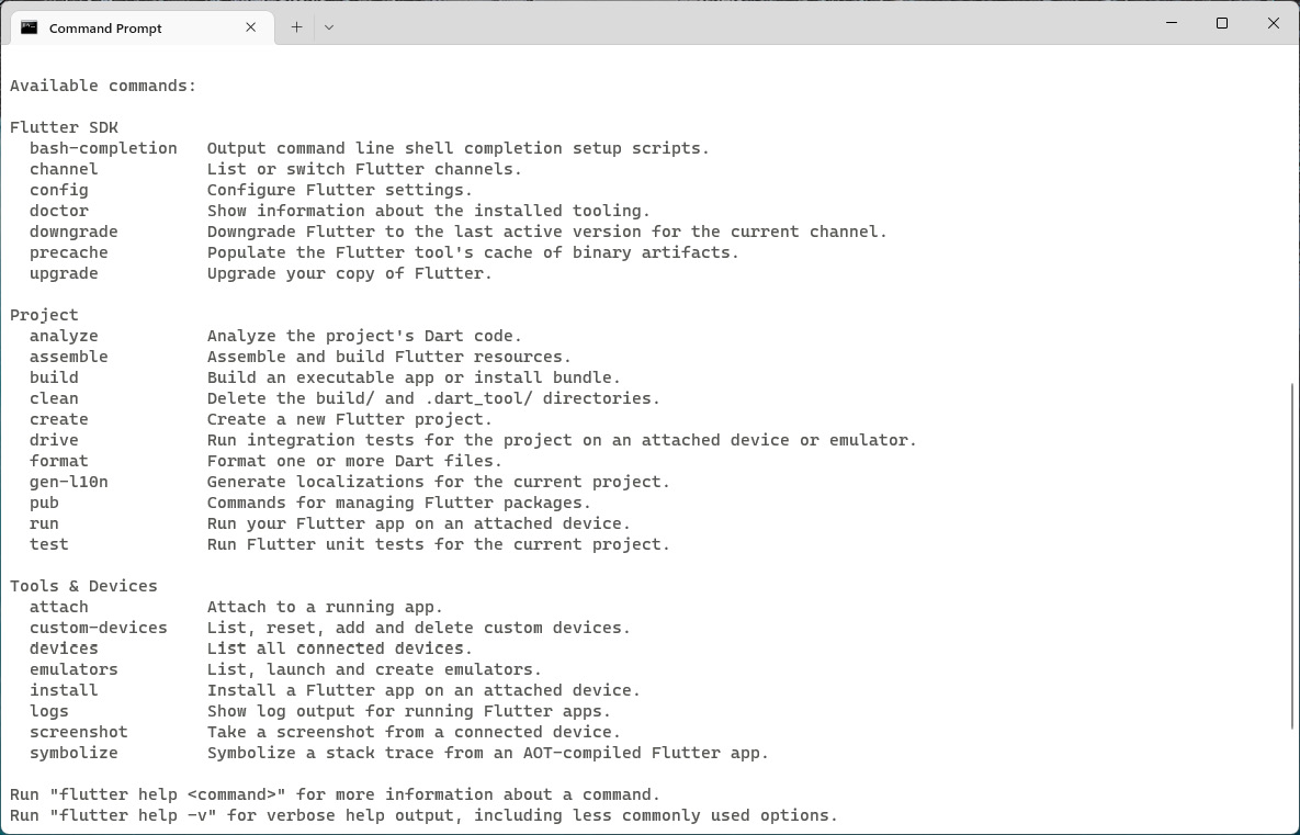 Figure 1.1 – Available commands in Flutter