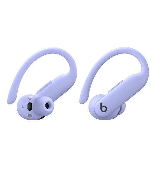 ハイパーパープルのPowerbeats Pro 2ワイヤレスイヤーバッド。ぴったりフィットする柔軟なイヤーフック、オンイヤーボタン、音量調節ボタンがついている。