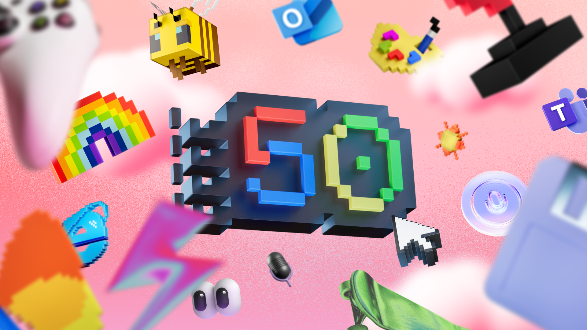 3D-rendered number "50" surrounded by pixel-style icons including a bee, rainbow, floppy disk, and webcam, set against a pink background with clouds.