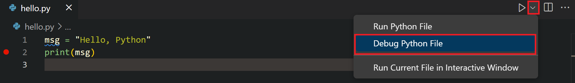 Using the debug Python file in terminal button