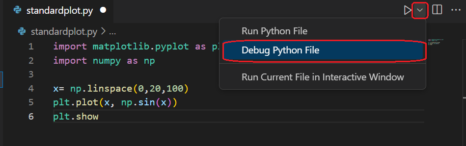 Debug button on the top-right of the editor