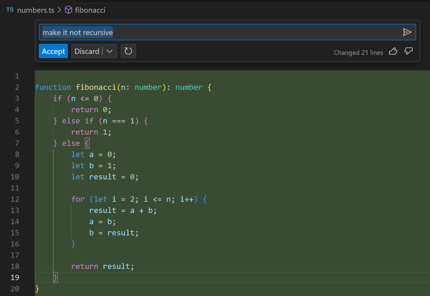 Ask Copilot to not use recursion and new result