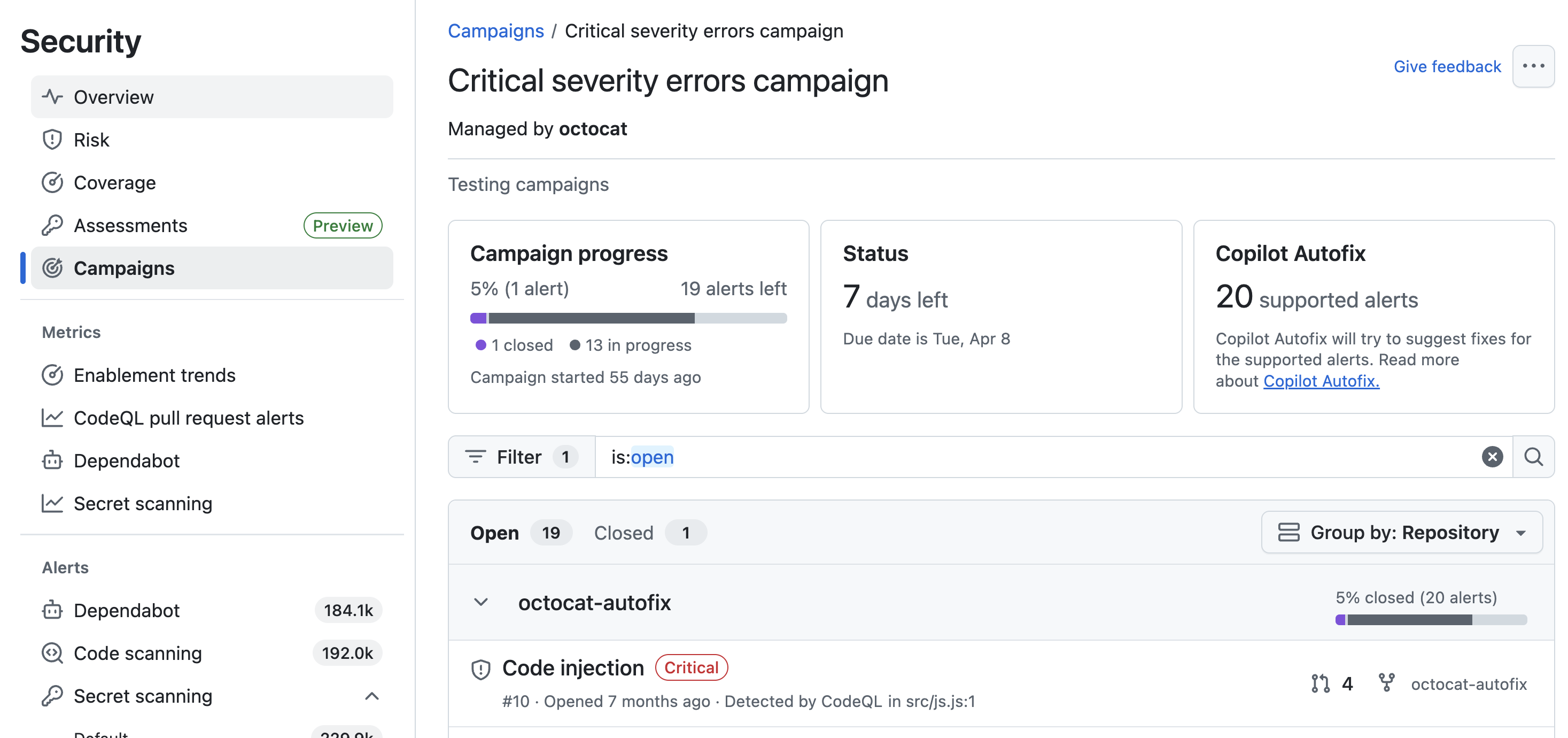 "Testing Campaigns for CodeQL" のキャンペーン追跡ビューのスクリーンショット。 キャンペーンの進行状況は濃いオレンジで囲まれています。