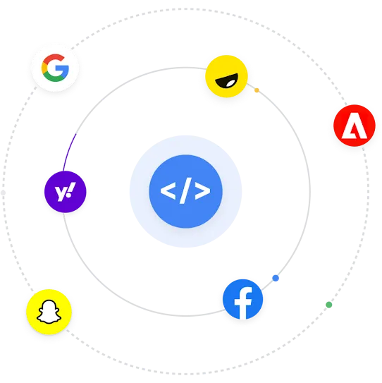 Ilustracja logo znanych firm orbitujących wokół ikony interfejsu API narzędzi do ochrony dzieci.