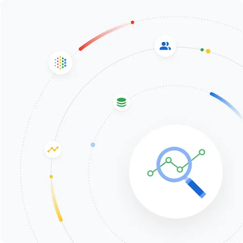 Abbildung eines Symbols für Datensätze, eines Symbols für Forschung und eines Symbols für Menschen, um die wichtigsten Elemente der KI von Google zu illustrieren.