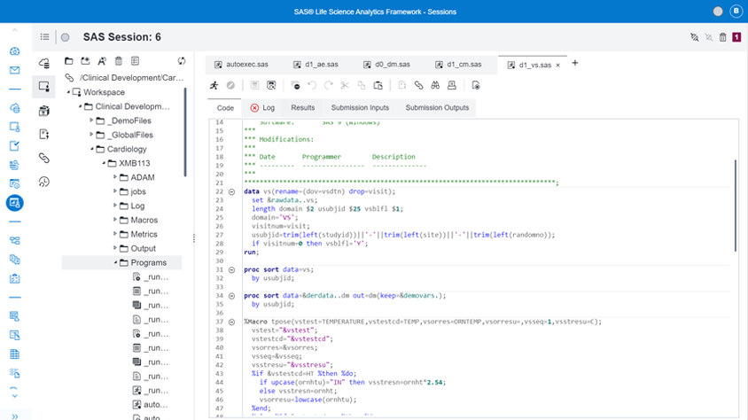 Screenshot of SAS Life Science Analytics Framework showing analytics