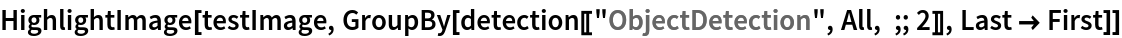 HighlightImage[testImage, GroupBy[detection[["ObjectDetection", All, ;; 2]], Last -> First]]